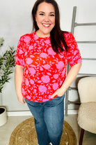 Haptics Red & Pink Floral Shirred Short Sleeve Knit Top