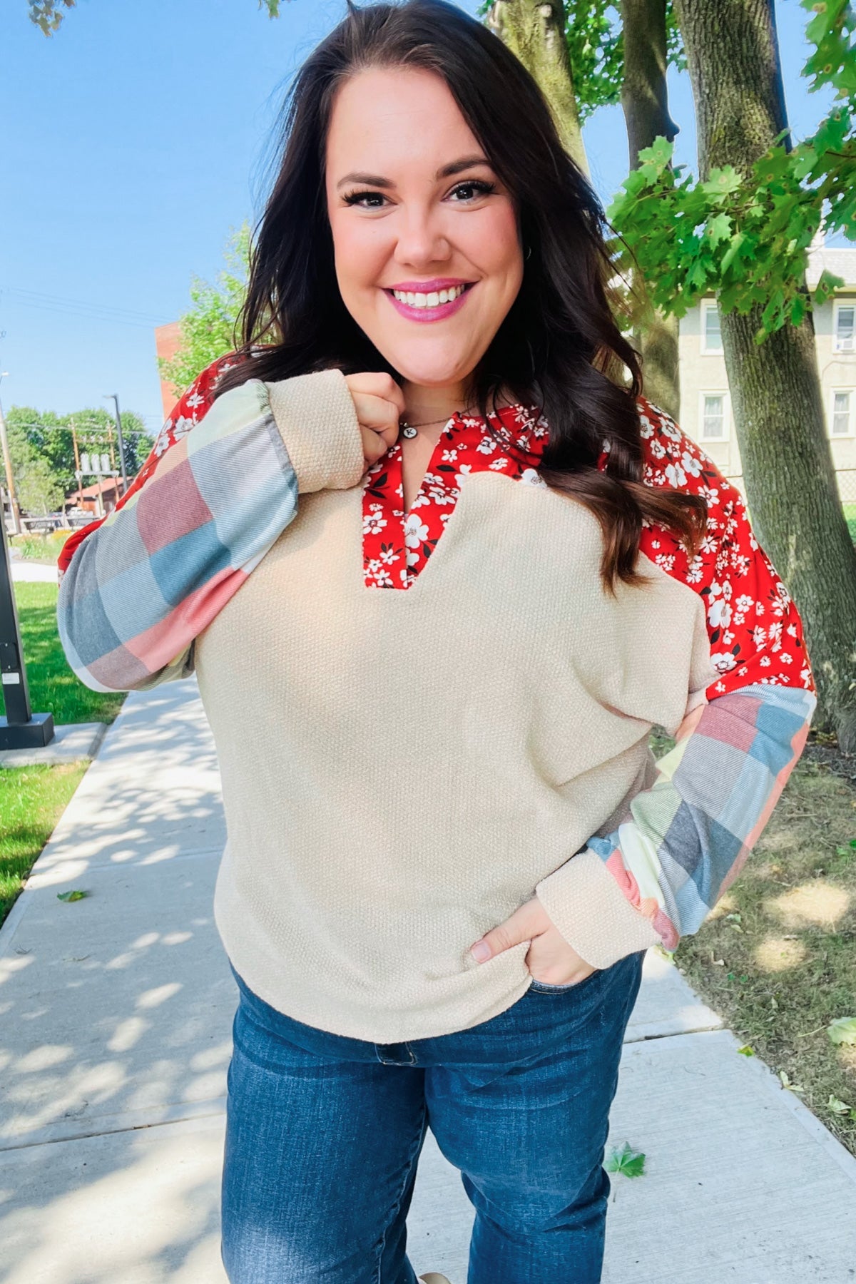 Haptics Rust & Oatmeal Plaid Floral Color Block Notch Neck Top