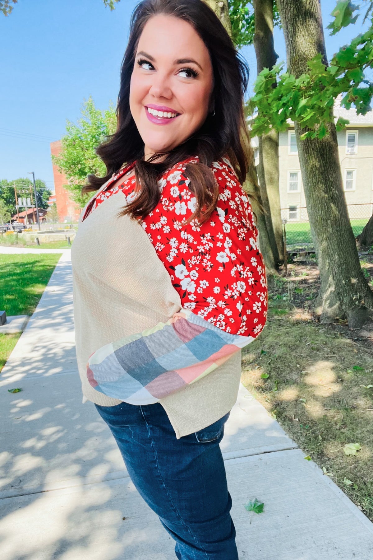 Haptics Rust & Oatmeal Plaid Floral Color Block Notch Neck Top