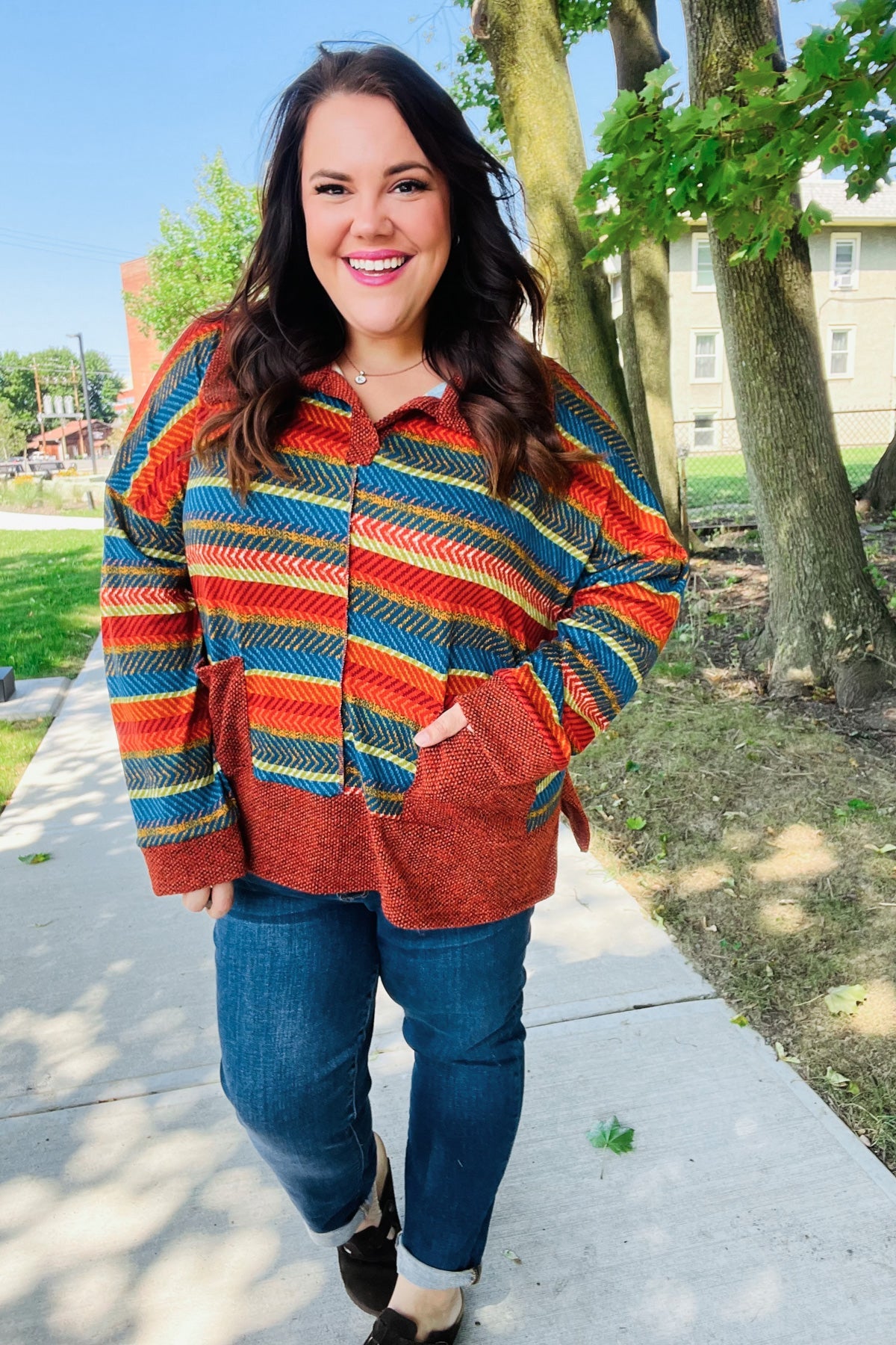 Haptics Rust & Teal Striped Two Tone Knit Pocketed Top 2024 Blow-Out Sale