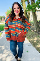Haptics Rust & Teal Striped Two Tone Knit Pocketed Top 2024 Blow-Out Sale