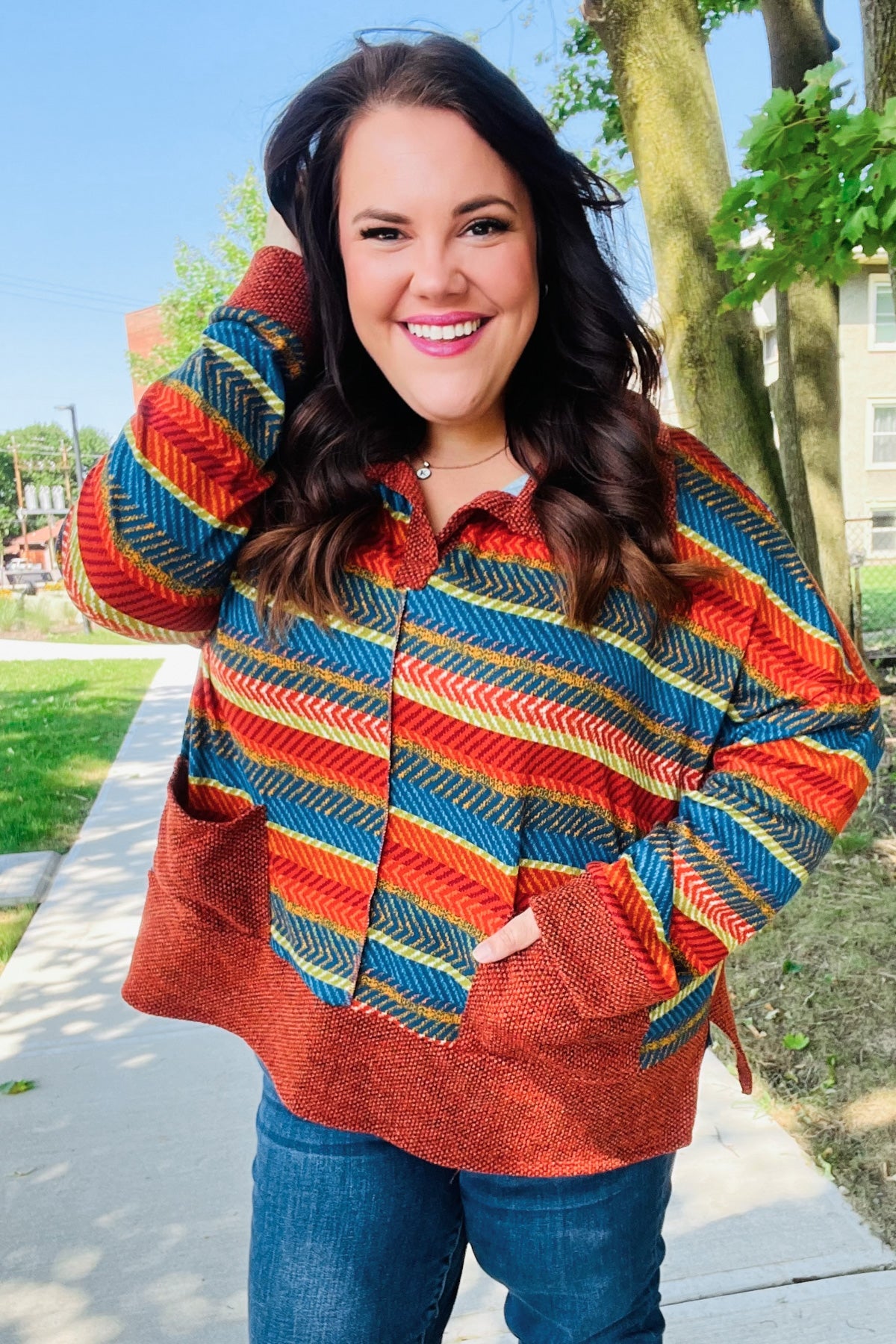 Haptics Rust & Teal Striped Two Tone Knit Pocketed Top 2024 Blow-Out Sale