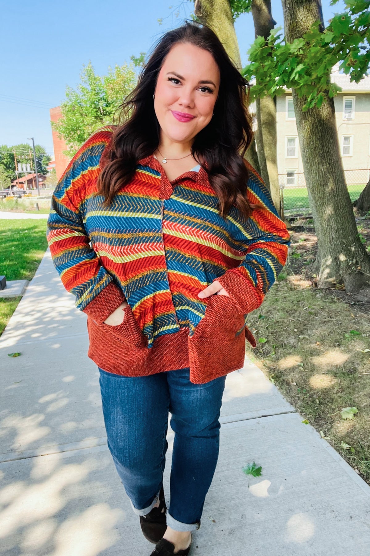 Haptics Rust & Teal Striped Two Tone Knit Pocketed Top 2024 Blow-Out Sale