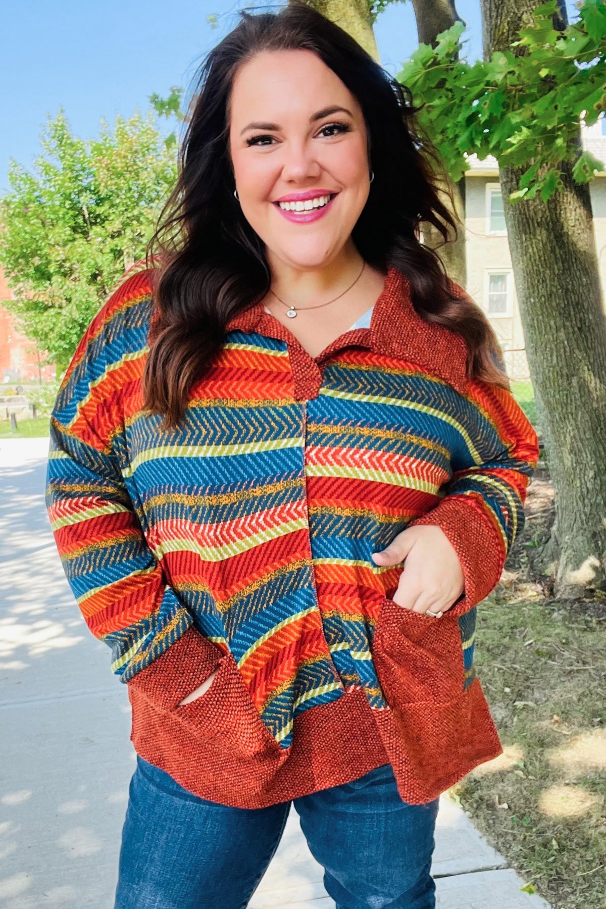 Haptics Rust & Teal Striped Two Tone Knit Pocketed Top 2024 Blow-Out Sale