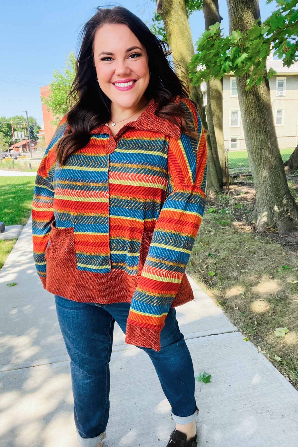 Haptics Rust & Teal Striped Two Tone Knit Pocketed Top 2024 Blow-Out Sale