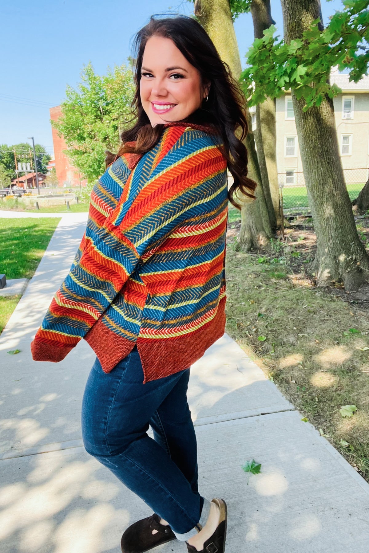 Haptics Rust & Teal Striped Two Tone Knit Pocketed Top 2024 Blow-Out Sale