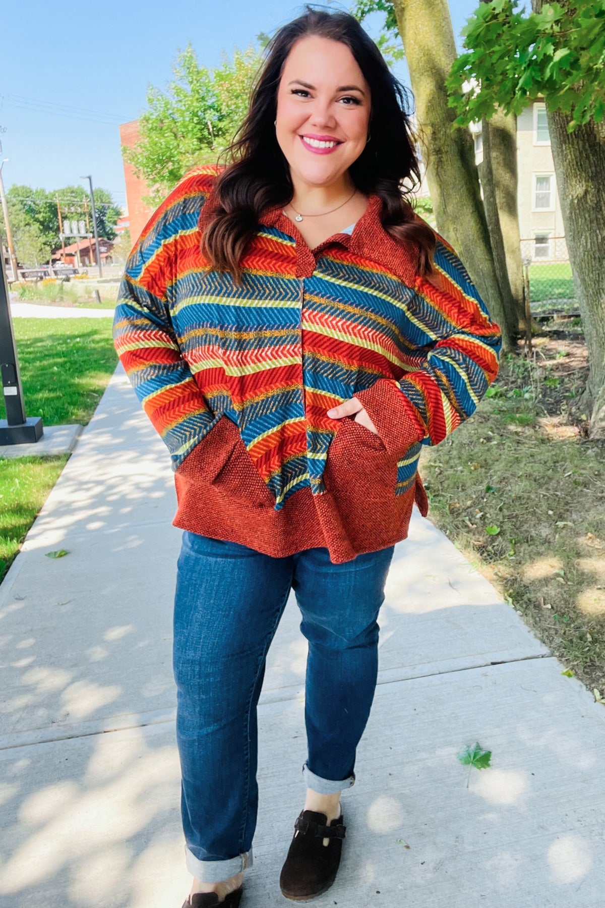 Haptics Rust & Teal Striped Two Tone Knit Pocketed Top 2024 Blow-Out Sale