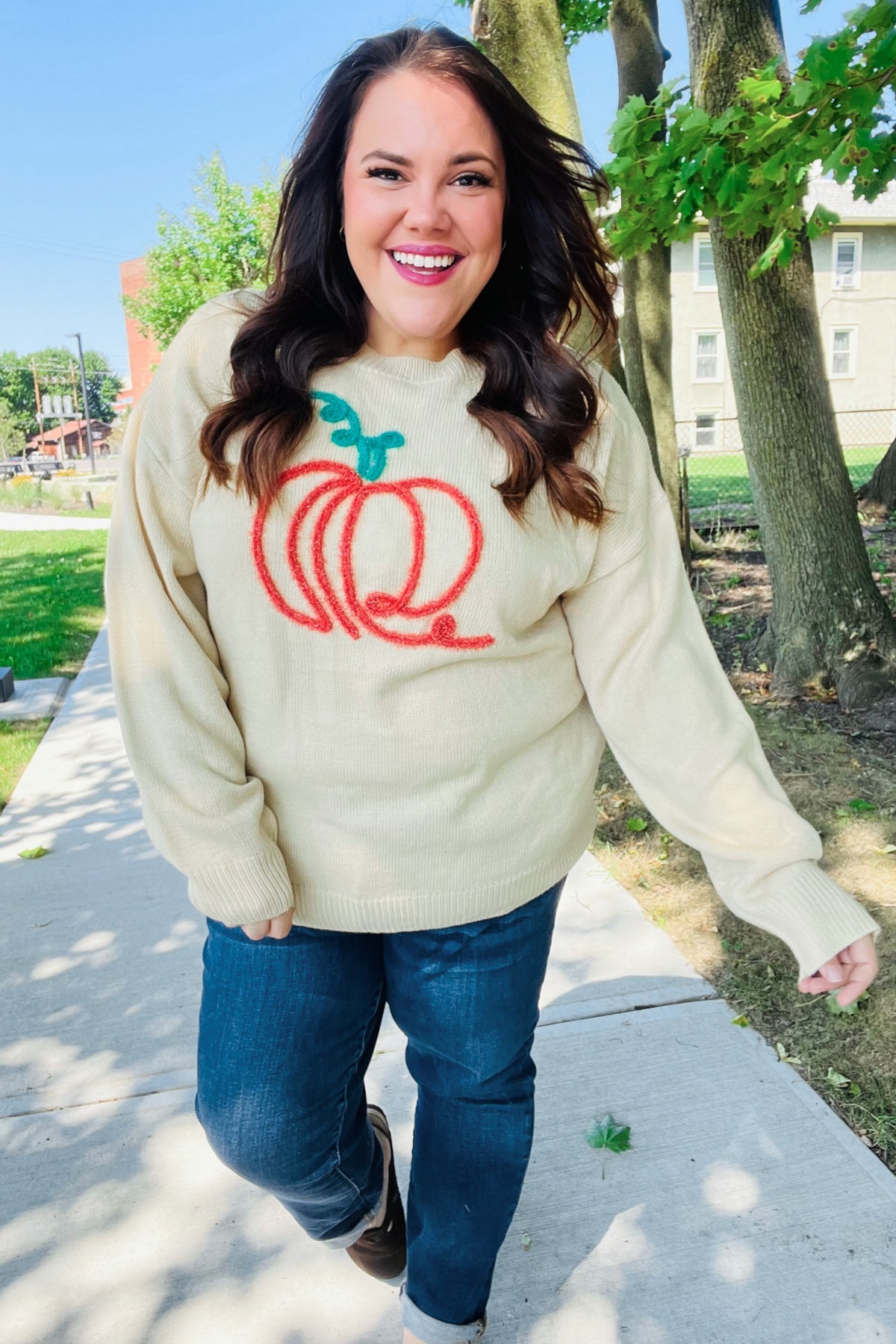 Haptics Taupe Embroidered Pumpkin Oversized Sweater Haptics