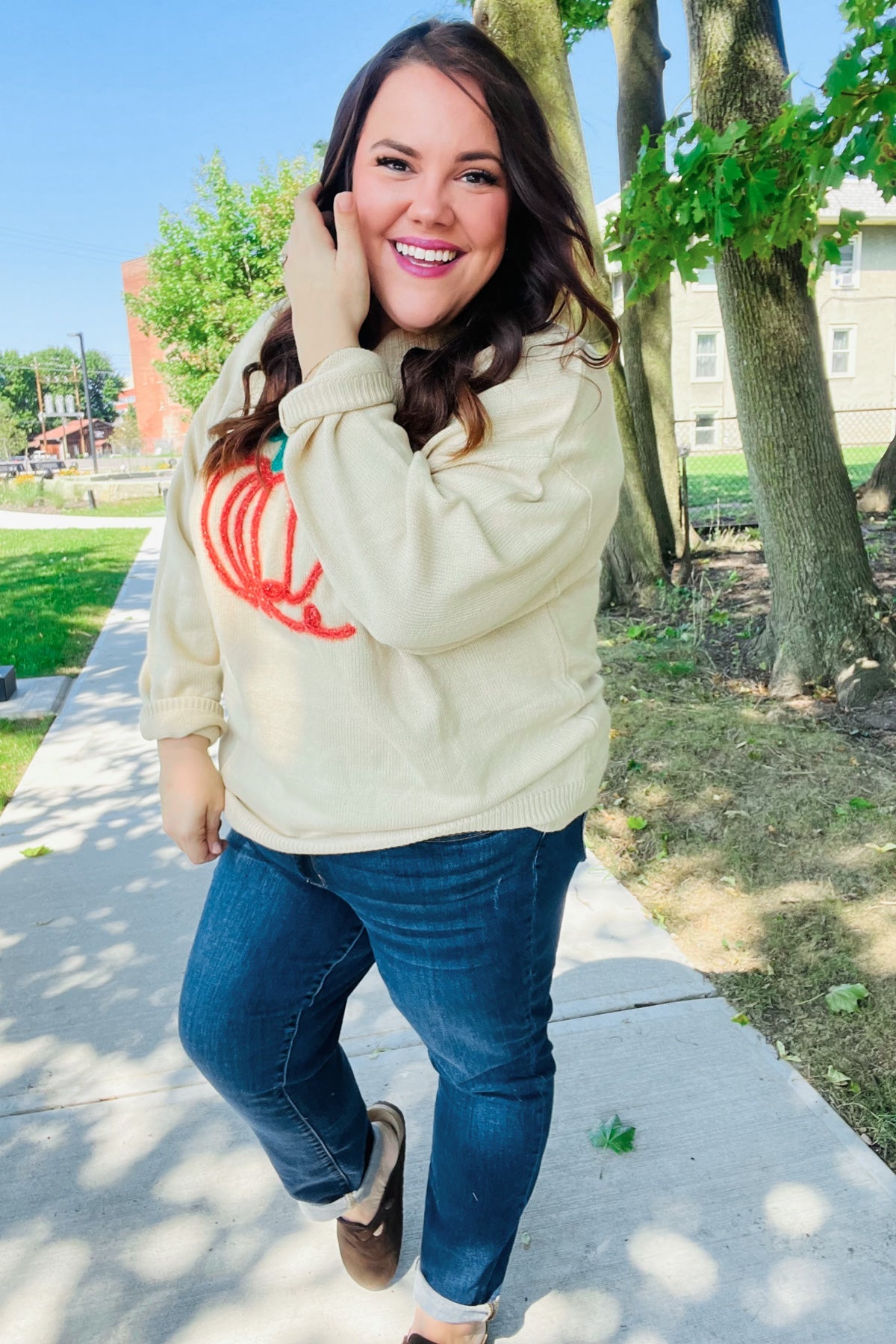 Haptics Taupe Embroidered Pumpkin Oversized Sweater Haptics