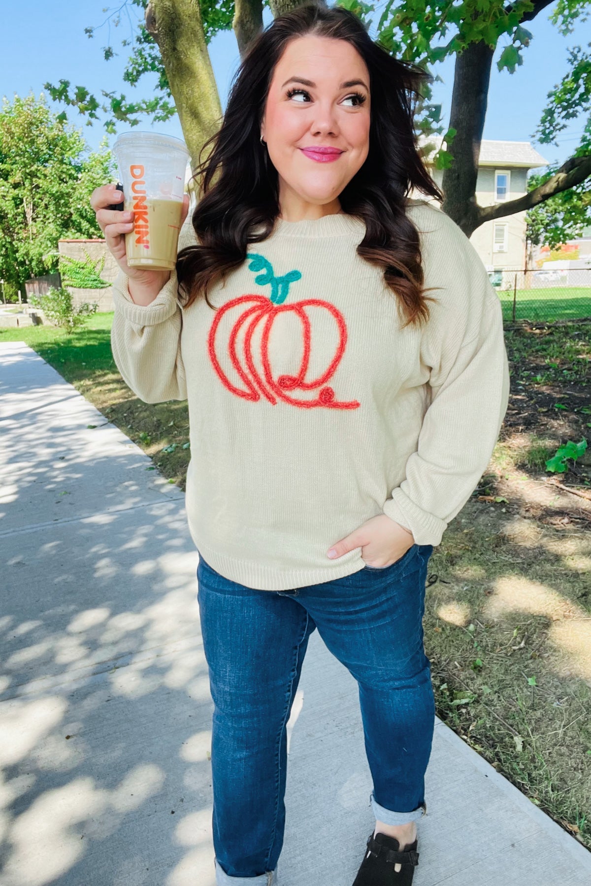 Haptics Taupe Embroidered Pumpkin Oversized Sweater Haptics