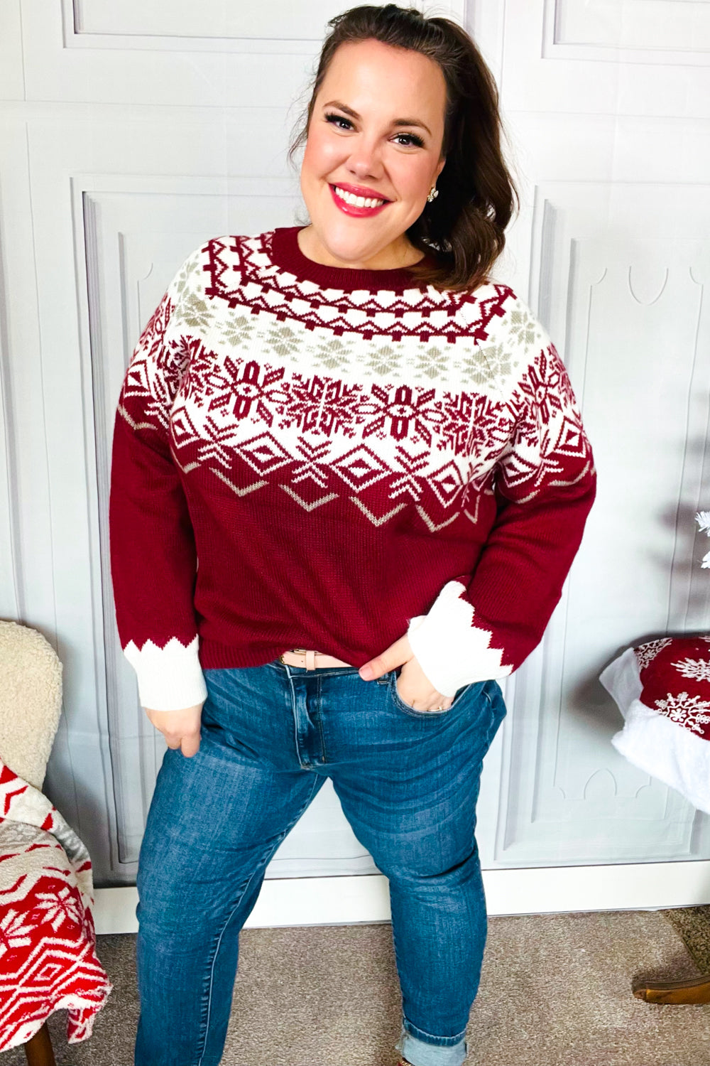 Haptics Christmas Merlot Snowflake Oversized Sweater Top Haptics