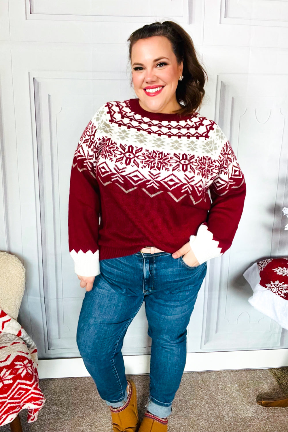 Haptics Christmas Merlot Snowflake Oversized Sweater Top Haptics