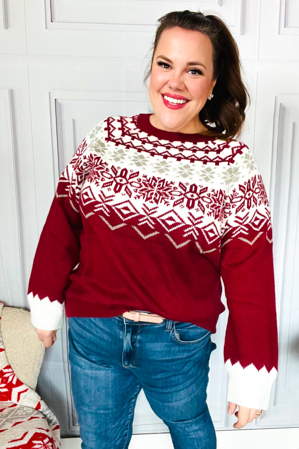 Haptics Christmas Merlot Snowflake Oversized Sweater Top Haptics