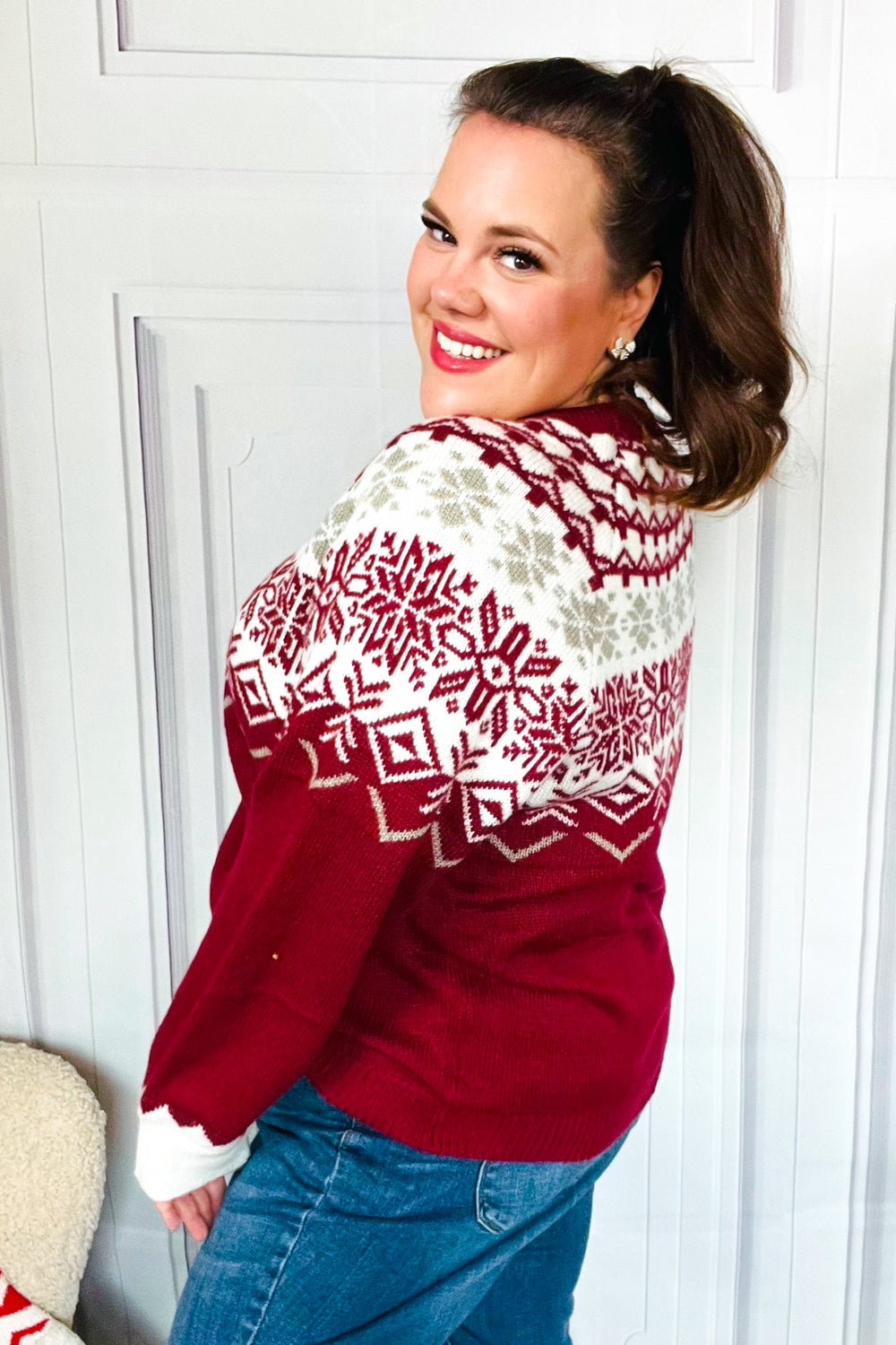 Haptics Christmas Merlot Snowflake Oversized Sweater Top Haptics