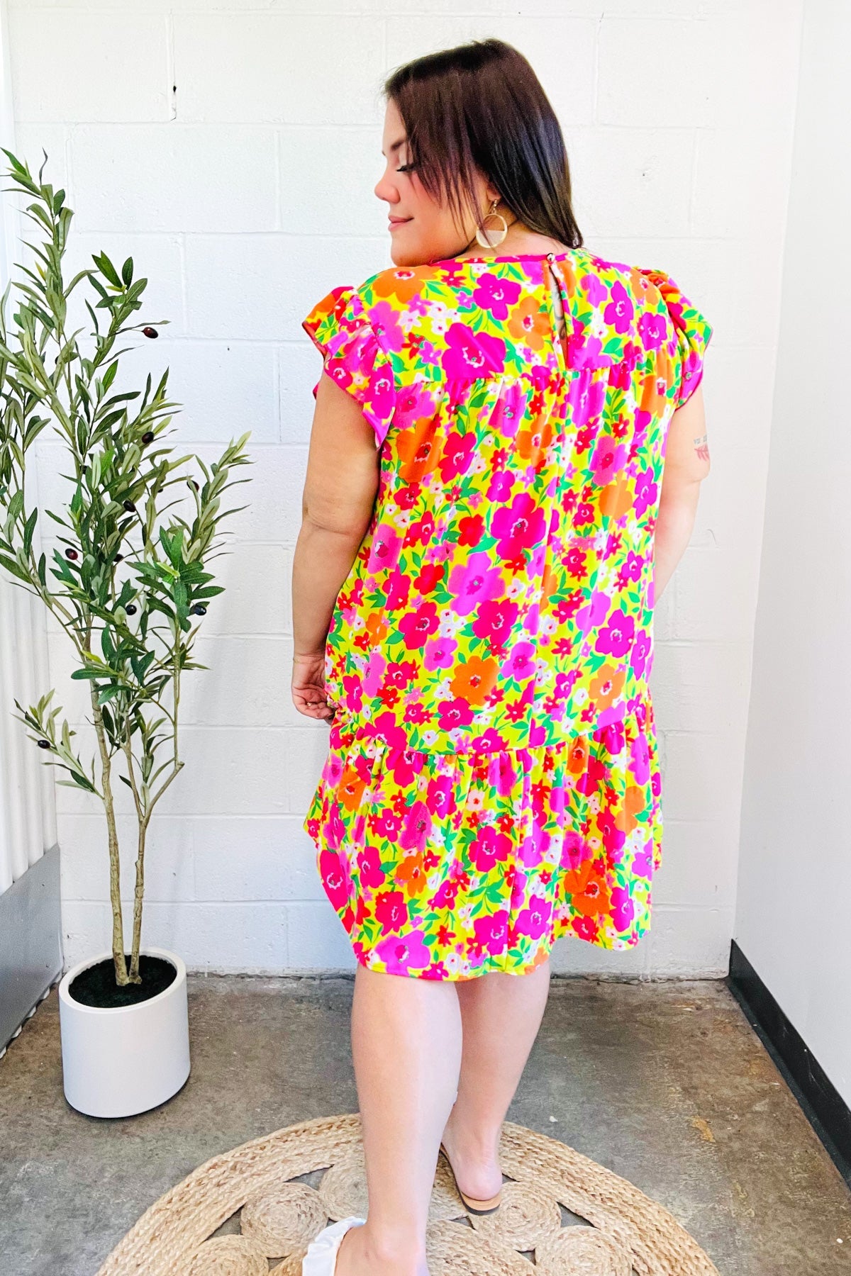 Haptics Be Charming Lime & Pink Floral Print Tiered Ruffle Sleeve Dress Haptics