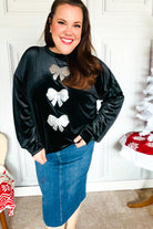 Haptics Holiday Silver Sequin Bow Velvet Pullover Top Haptics