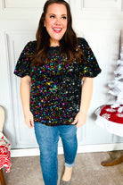 Haptics Black Velvet Multicolor Sequin Puff Sleeve Top Haptics