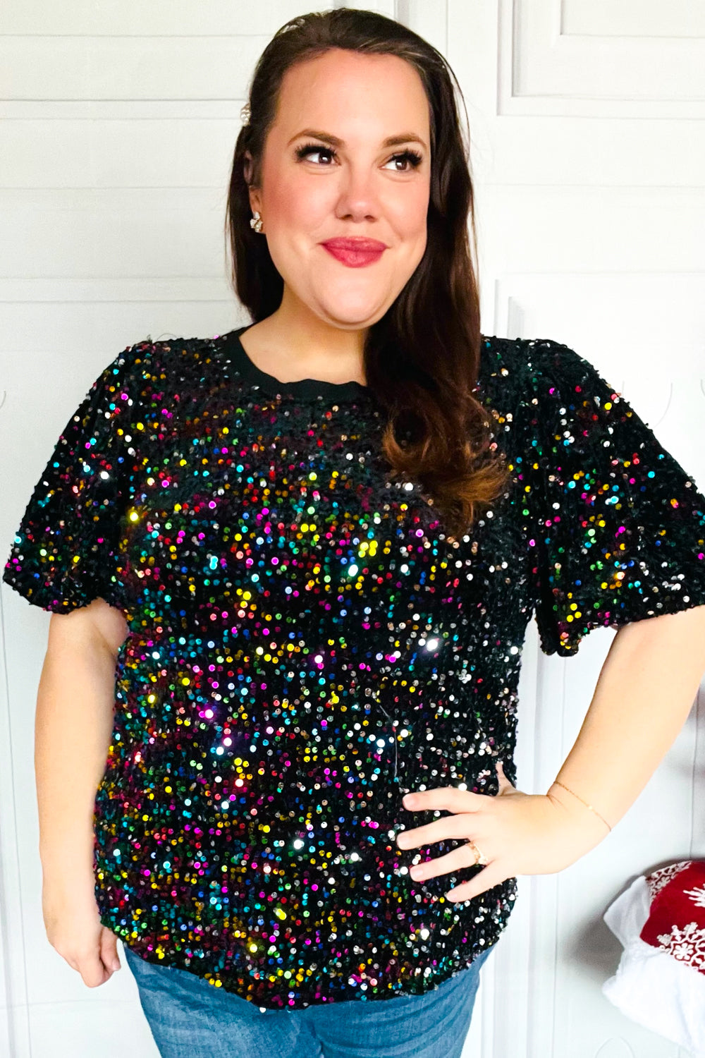 Haptics Black Velvet Multicolor Sequin Puff Sleeve Top Haptics