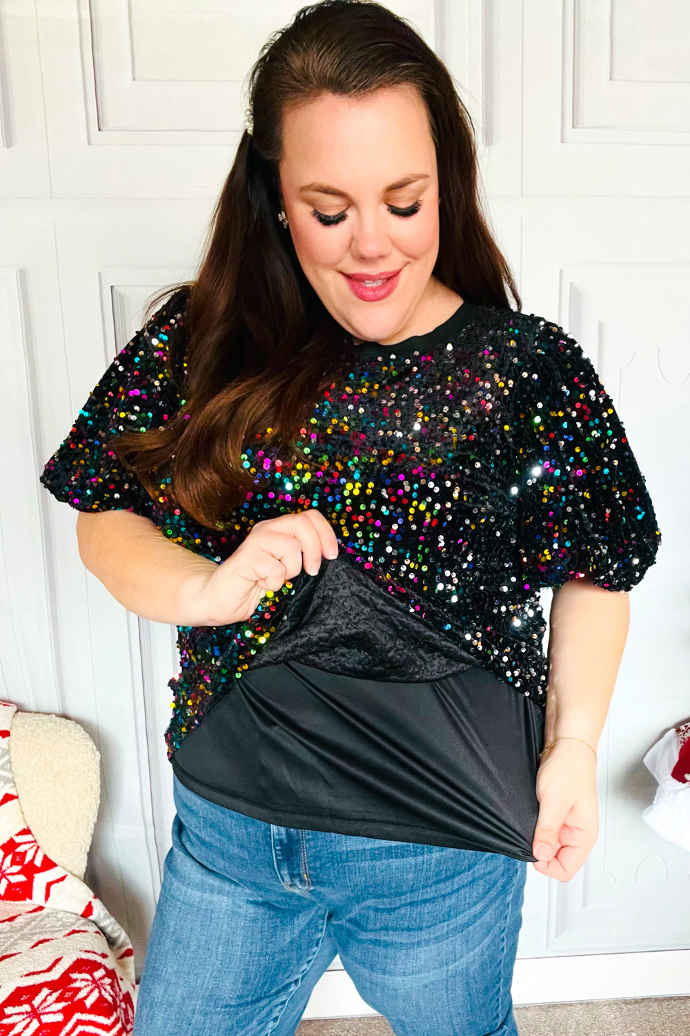 Haptics Black Velvet Multicolor Sequin Puff Sleeve Top Haptics