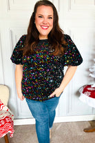 Haptics Black Velvet Multicolor Sequin Puff Sleeve Top Haptics