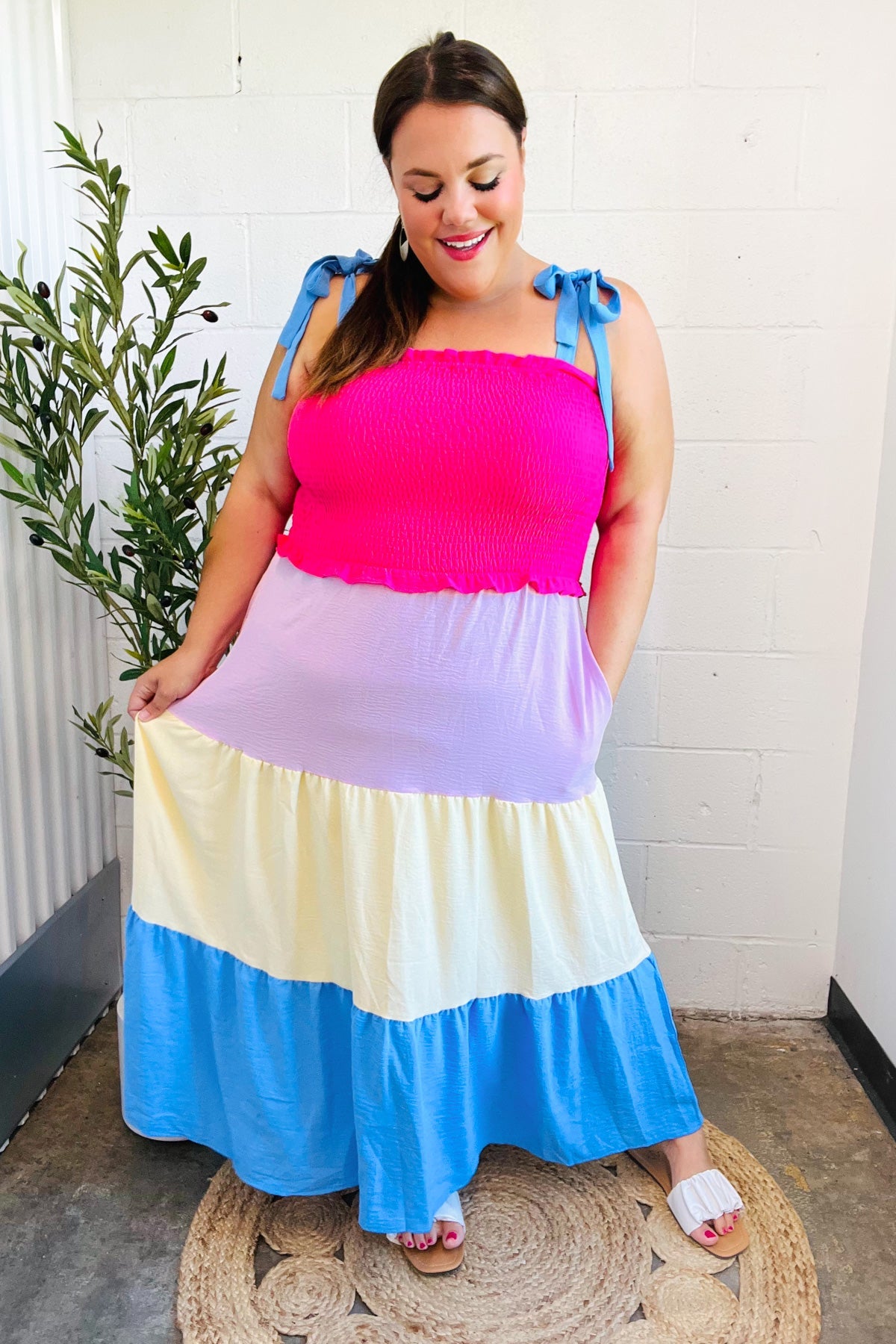Haptics Hot Pink & Blue Smocked Color Block Maxi Dress 2024 Blow-Out Sale