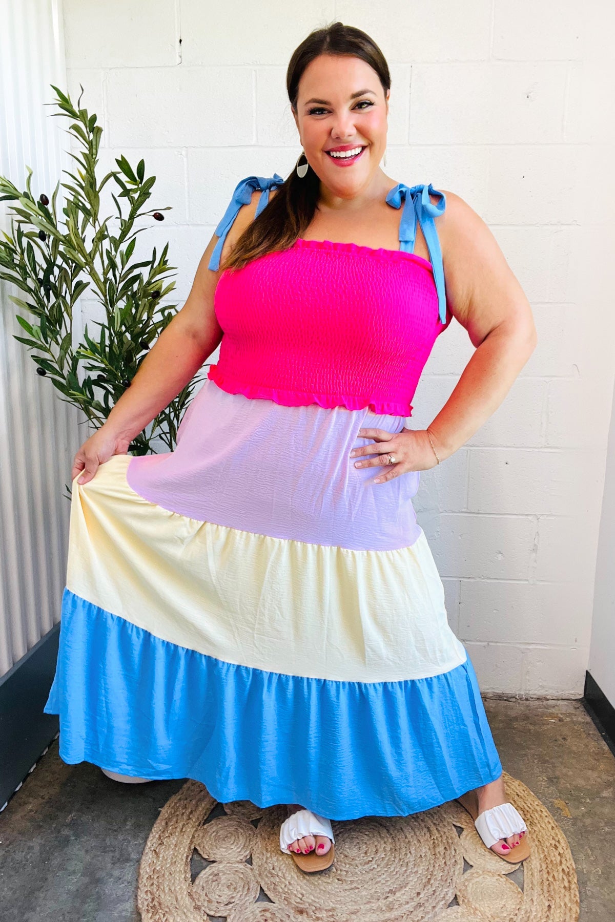 Haptics Hot Pink & Blue Smocked Color Block Maxi Dress 2024 Blow-Out Sale