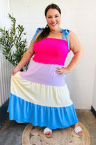 Haptics Hot Pink & Blue Smocked Color Block Maxi Dress 2024 Blow-Out Sale
