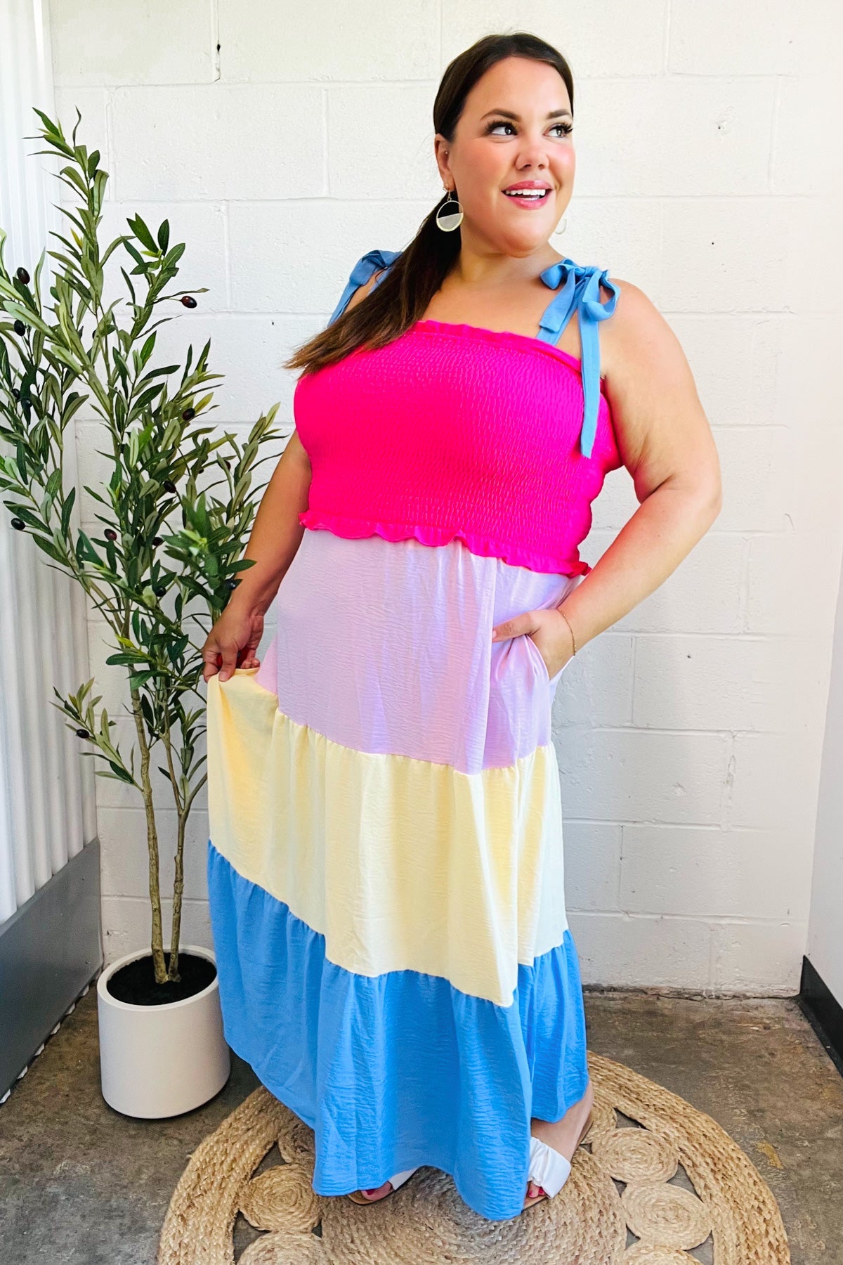 Haptics Hot Pink & Blue Smocked Color Block Maxi Dress 2024 Blow-Out Sale