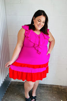 Haptics Fuchsia Ruffle V Neck Crepe Tiered Midi Dress