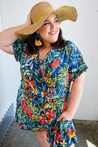 Haptics Navy Tropical Floral Surplice Romper