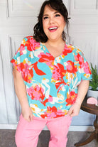 Haptics Aqua & Coral Floral V Neck Woven Top Haptics