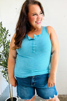 Zenana Haptics Summer Days Ice Blue Melange Ribbed Henley Button Down Tank Zenana