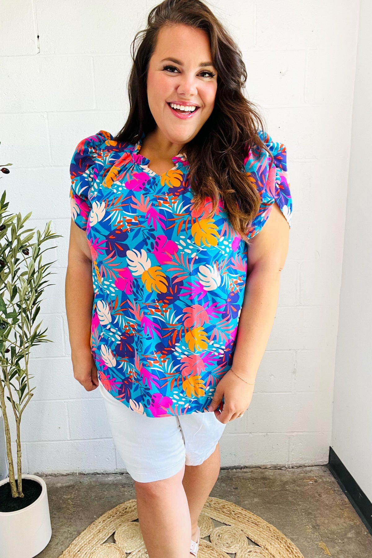 Haptics Aqua Tropical Print Frill Notch Neck Puff Sleeve Top 2024 Blow-Out Sale