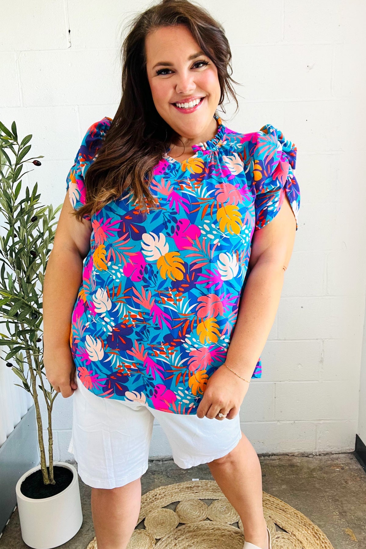 Haptics Aqua Tropical Print Frill Notch Neck Puff Sleeve Top 2024 Blow-Out Sale