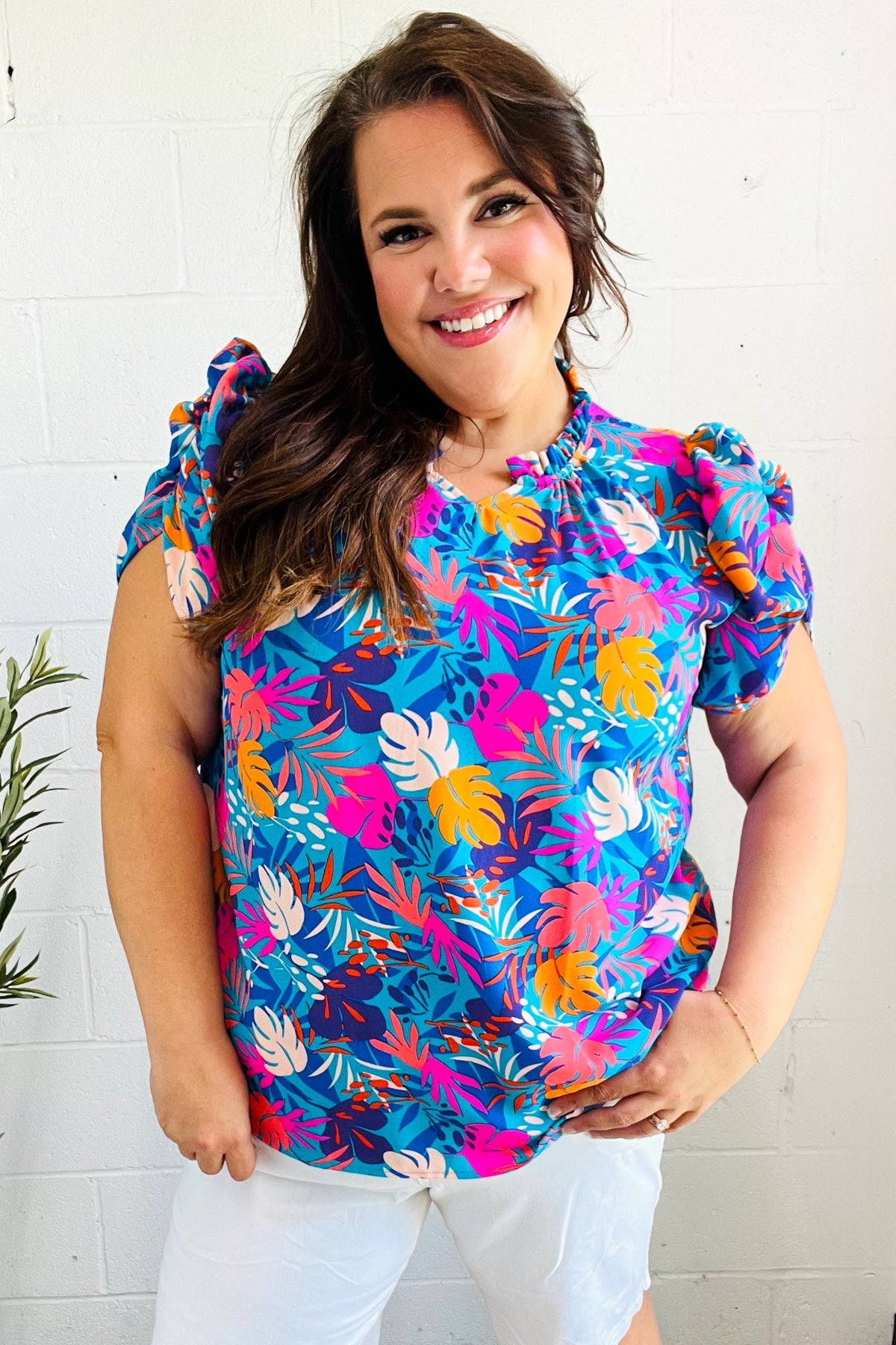 Haptics Aqua Tropical Print Frill Notch Neck Puff Sleeve Top 2024 Blow-Out Sale