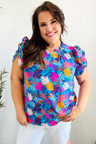 Haptics Aqua Tropical Print Frill Notch Neck Puff Sleeve Top 2024 Blow-Out Sale