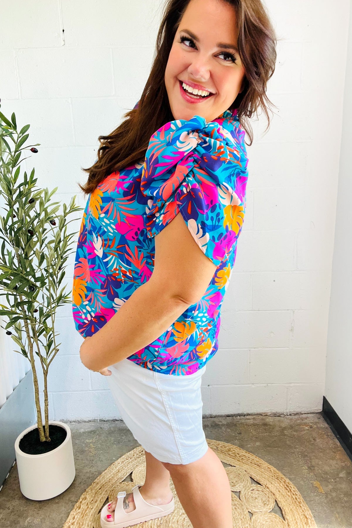 Haptics Aqua Tropical Print Frill Notch Neck Puff Sleeve Top 2024 Blow-Out Sale
