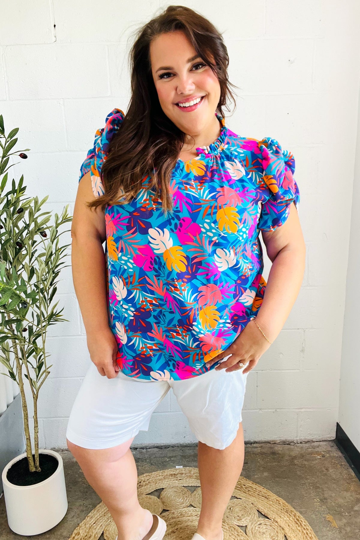 Haptics Aqua Tropical Print Frill Notch Neck Puff Sleeve Top 2024 Blow-Out Sale