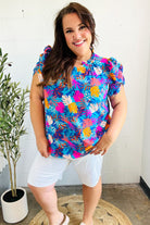 Haptics Aqua Tropical Print Frill Notch Neck Puff Sleeve Top 2024 Blow-Out Sale