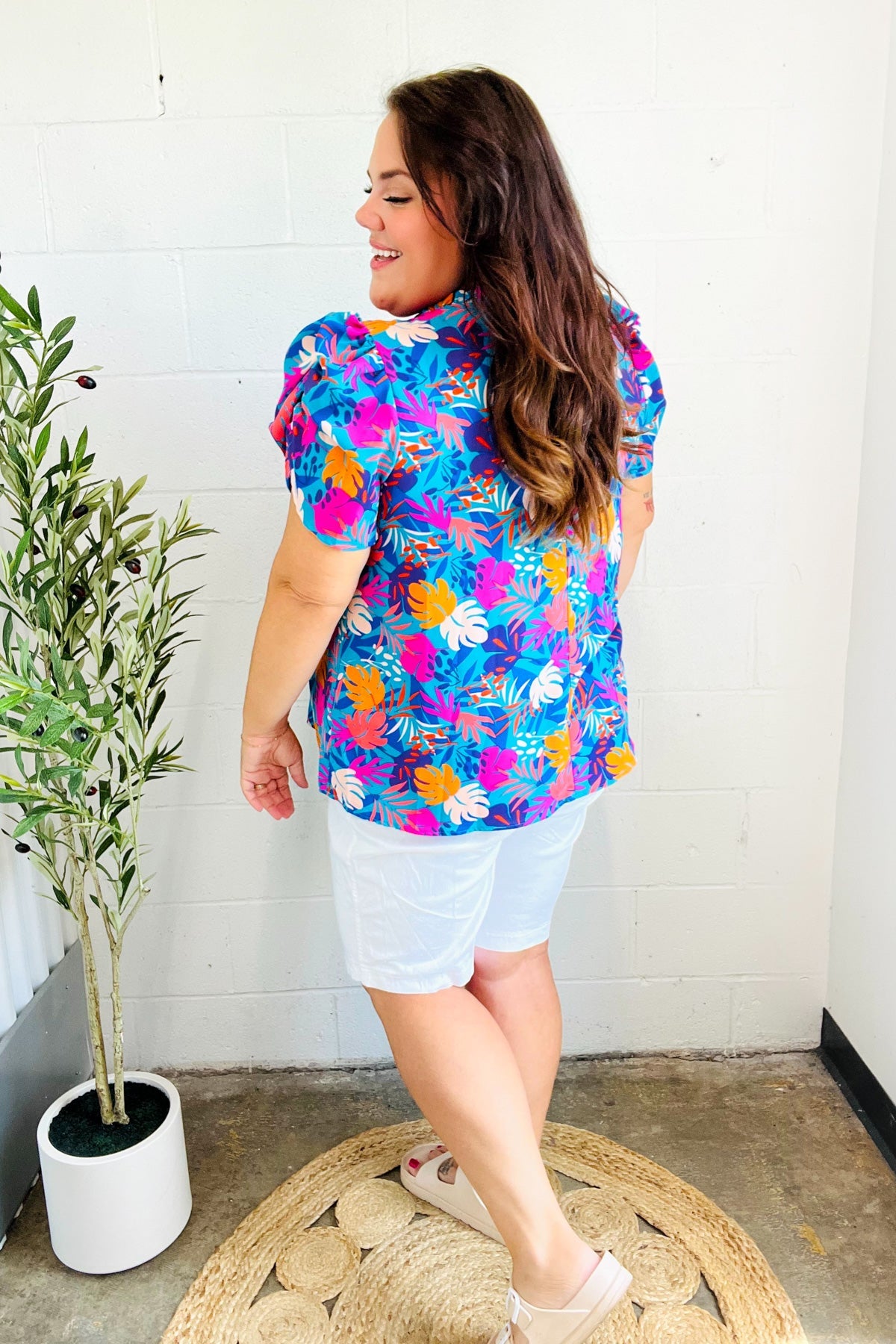 Haptics Aqua Tropical Print Frill Notch Neck Puff Sleeve Top 2024 Blow-Out Sale