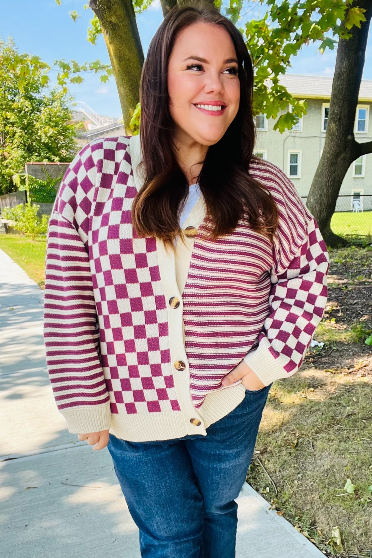 Haptics Magenta Checkered & Striped Button-Down Cardigan Haptics