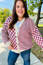 Haptics Magenta Checkered & Striped Button-Down Cardigan Haptics