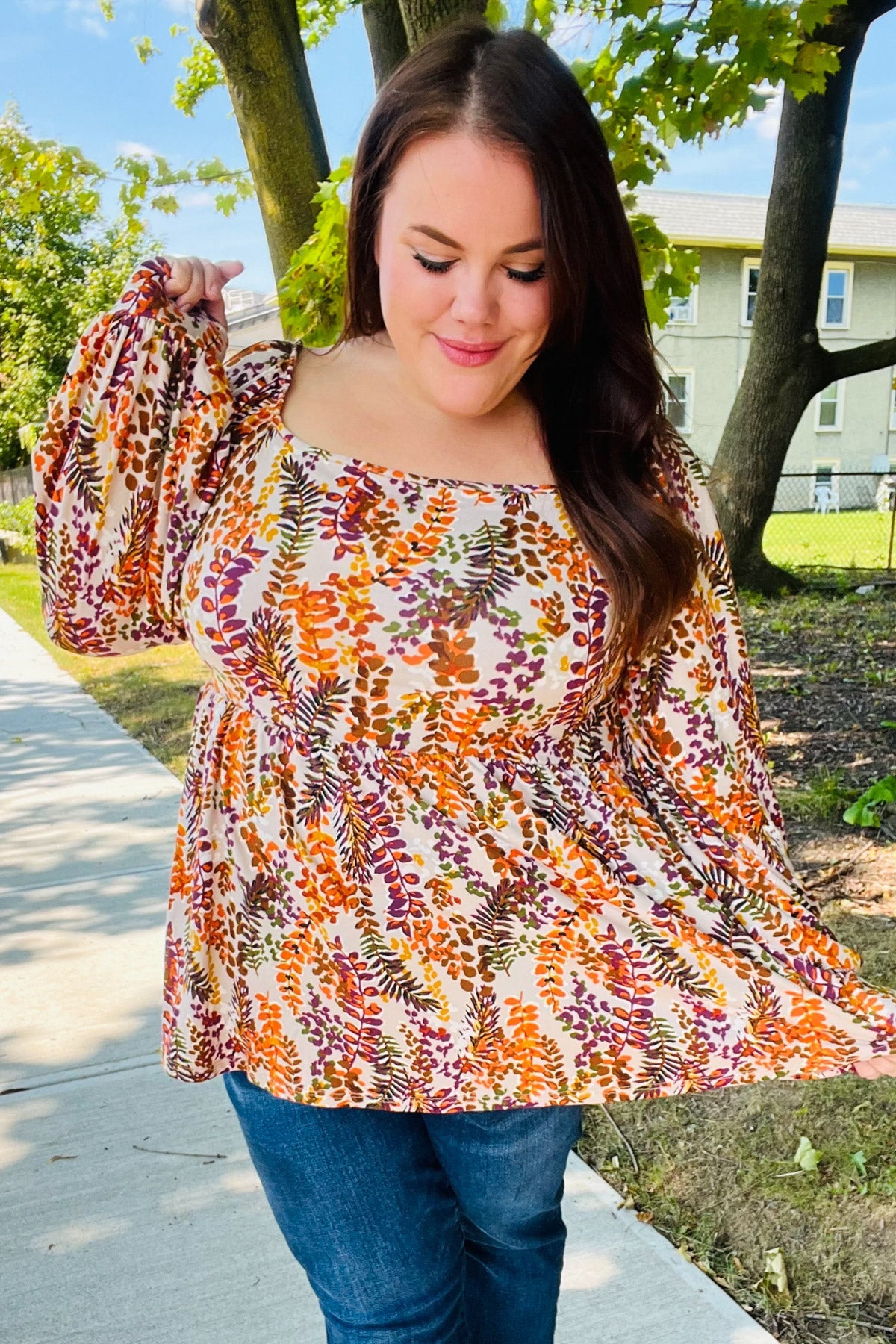 Haptics Taupe & Rust Floral Print Babydoll Bubble Sleeve Top Haptics