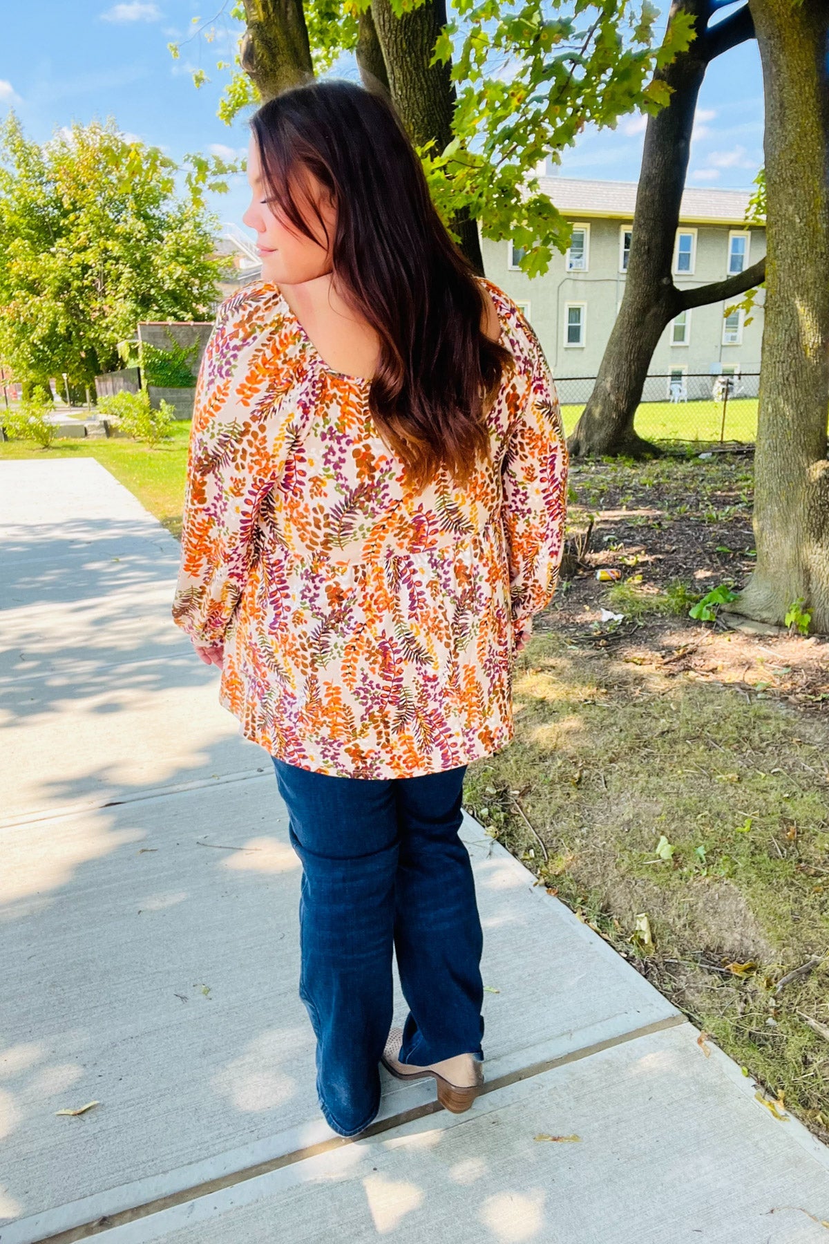 Haptics Taupe & Rust Floral Print Babydoll Bubble Sleeve Top Haptics