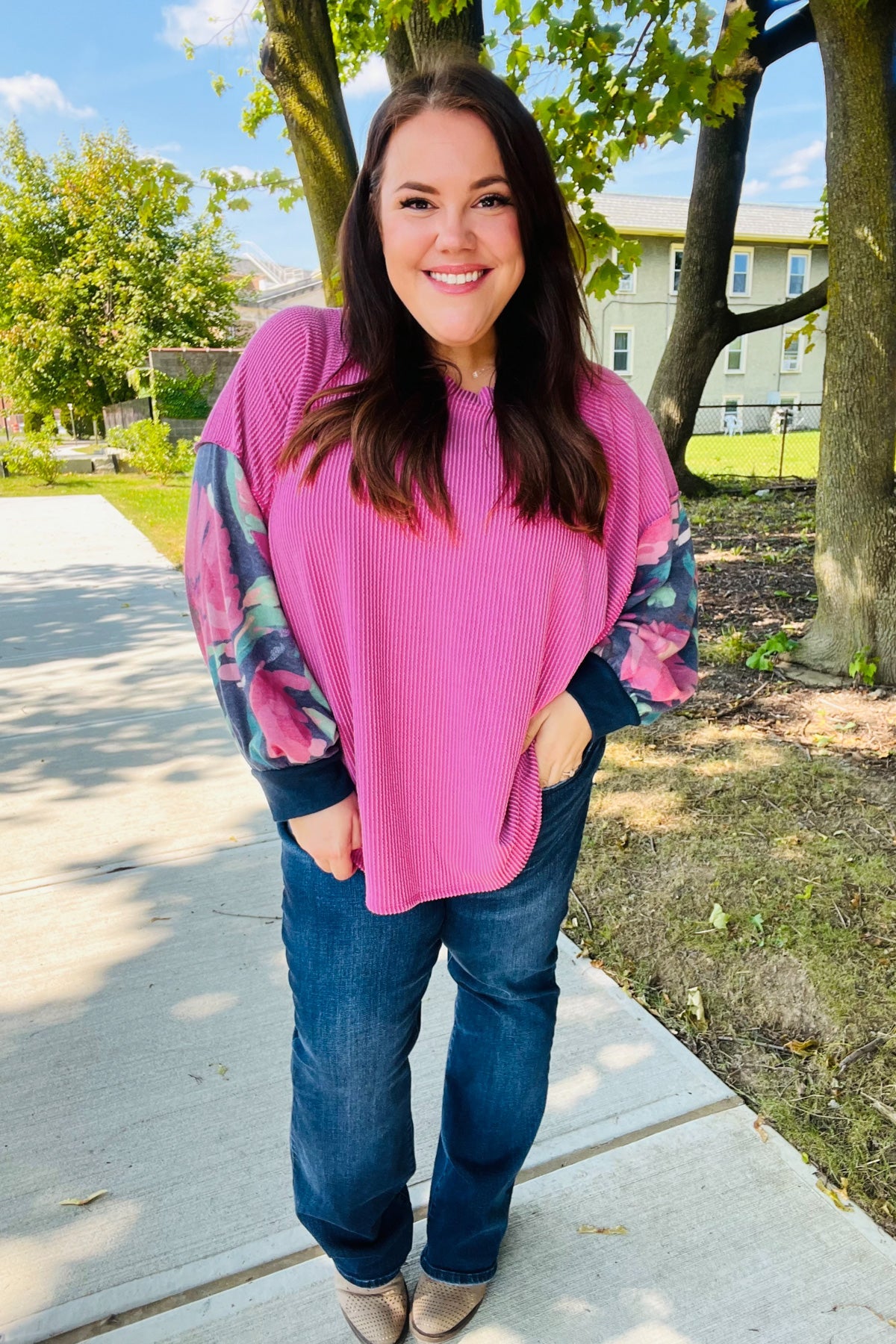 Haptics Magenta & Navy Floral Mineral Wash Rib Dolman Top Haptics