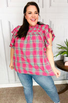 Haptics Fuchsia Plaid Shirred Yoke Flutter Sleeve Top Haptics