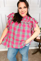 Haptics Fuchsia Plaid Shirred Yoke Flutter Sleeve Top Haptics