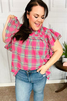 Haptics Fuchsia Plaid Shirred Yoke Flutter Sleeve Top Haptics