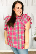 Haptics Fuchsia Plaid Shirred Yoke Flutter Sleeve Top Haptics