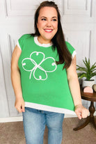 Haptics Lucky Kelly Green Embroidered Clover Short Sleeve Dolman Sweater